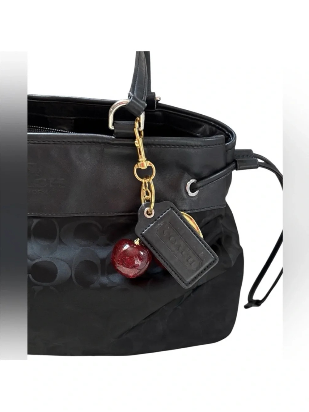 Coach Black Signature Shoulder Bag with Cherry Charm